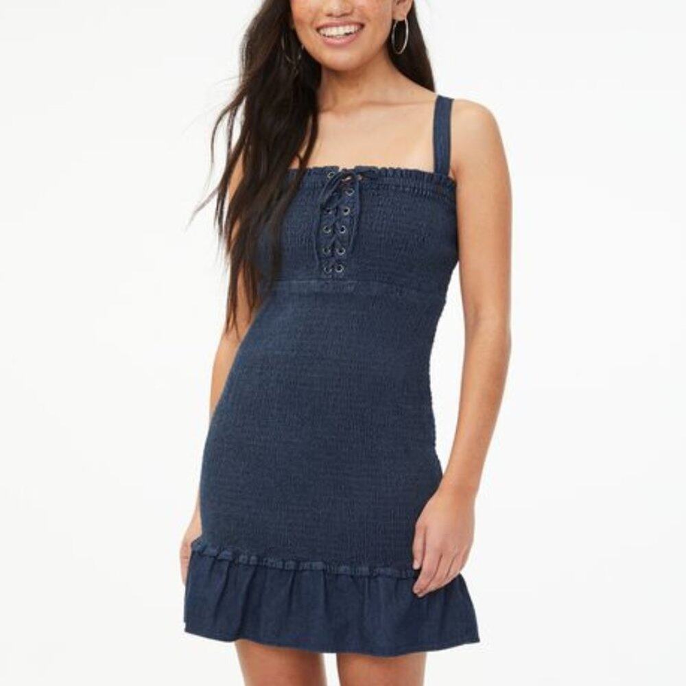 Denim Smocked Lace-Up Bodycon Dress